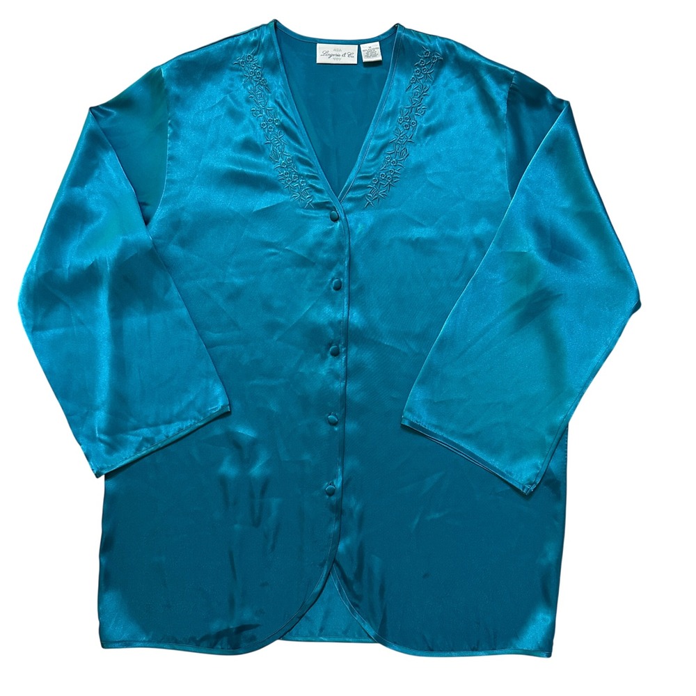 NWT Vintage Teal Satin Pajama‎ Top Size M Embroidered Silky Sleep Shirt Coquette